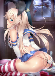 Rule 34 | &gt; &lt;, 10s, 1girl, anchor, ass, black panties, blonde hair, blue eyes, blush, breasts, closed eyes, clothed masturbation, clothing aside, crotch rub, elbow gloves, female focus, female masturbation, gloves, hair ornament, hairband, highres, kantai collection, long hair, looking at viewer, looking back, masturbation, nipples, open mouth, panties, panties aside, personification, pussy, pussy juice, rensouhou-chan, seiza, shimakaze (kancolle), shirasaki aloe, sitting, skirt, solo, solo focus, striped clothes, striped thighhighs, thighhighs, thong, uncensored, underwear, upskirt, white gloves