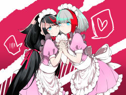 Rule 34 | 2girls, admiral graf spee (azur lane), alternate costume, apron, azur lane, black hair, blue eyes, bow, bowtie, cheek-to-cheek, commentary, deutschland (azur lane), dress, food, food on face, frilled apron, frills, hair ribbon, heads together, heart, holding hands, icing, long hair, looking at another, low ponytail, maid, maid apron, maid headdress, multicolored hair, multiple girls, pastry bag, pink dress, ribbon, short hair, siblings, sisters, spoken blush, spoken heart, streaked hair, takeakigaku, white hair