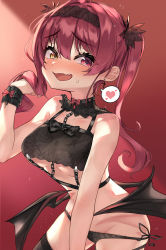 Rule 34 | 1girl, absurdres, blush, bow, breasts, chain, collarbone, cuffs, demon wings, detached collar, earrings, fang, hairband, heart, heterochromia, highres, hololive, houshou marine, jewelry, lace, lace-trimmed legwear, lace trim, lingerie, long hair, looking at viewer, narita tamezou, open mouth, red eyes, red hair, ribbon, smile, solo, speech bubble, thighhighs, twintails, underboob, underwear, underwear only, virtual youtuber, wings, yellow eyes