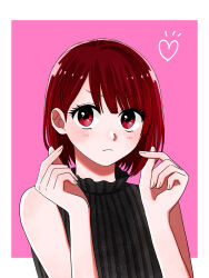 Rule 34 | 1girl, arima kana, bare arms, bare shoulders, blush, bob cut, closed mouth, finger heart, heart, highres, inverted bob, light blush, looking at viewer, oshi no ko, pink background, red eyes, red hair, short hair, simple background, solo, sweater, tonton (6kbgievnt89kt1f), upper body