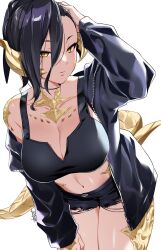 Rule 34 | 1girl, au ra, black hair, breasts, cleavage, dragon girl, dragon horns, dragon tail, final fantasy, final fantasy xiv, highres, horns, jacket, large breasts, midriff, navel, off shoulder, open clothes, open jacket, ponytail, scales, short hair, shorts, signature, solo, tail, tank top, tochi keisuke, warrior of light (ff14), yellow eyes