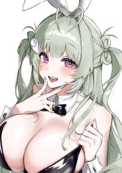 Rule 34 | 1girl, adjusting clothes, animal ears, antenna hair, black bow, black bowtie, black leotard, blush, bowtie, breasts, detached collar, fake animal ears, goddess of victory: nikke, green hair, green nails, heart antenna hair, huge breasts, leotard, lia (pzvs3887), long hair, looking at viewer, mole, mole on breast, nail art, nail polish, open mouth, pink eyes, playboy bunny, rabbit ears, soda (nikke), soda (twinkling bunny) (nikke), solo, strapless, strapless leotard, tongue, tongue out, twintails, v over mouth, wrist cuffs
