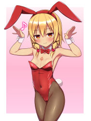 Rule 34 | 1girl, animal ears, black pantyhose, blonde hair, bow, bowtie, breasts, brown eyes, cameltoe, commentary request, covered navel, cowboy shot, detached collar, eighth note, gradient background, highres, leotard, looking at viewer, medium hair, musical note, nasuna (yakinasu87), original, pantyhose, pink background, playboy bunny, rabbit ears, rabbit pose, rabbit tail, red leotard, small breasts, smile, solo, standing, strapless, strapless leotard, tail, wrist cuffs, yakinasu87