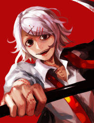 Rule 34 | 10s, 1boy, androgynous, hair ornament, hairclip, loose clothes, loose necktie, loose shirt, male focus, necktie, red background, red eyes, scythe, shirt, short hair, smile, solo, stitches, suzuya juuzou, suzuya juzo, tokyo ghoul, weapon, white hair