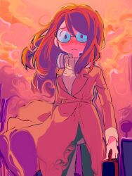 Rule 34 | 1girl, adventure time, adventure time: fionna and cake, betty grof, briefcase, brown coat, bus stop, closed mouth, coat, glasses, highres, holding, holding briefcase, light frown, long hair, orange sky, pov, red hair, sky, solo, sunset, sweater, trench coat, tsujii luki