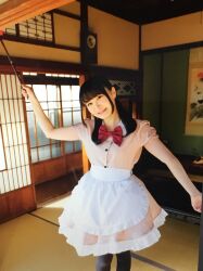 Rule 34 | 1girl, black hair, bow, highres, japanese house, maid, photo (medium), red bow, sagara mayu