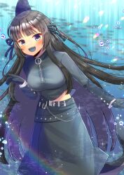 Rule 34 | 1girl, :d, animal, artemis of the blue, atelier live, black gloves, black hair, black ribbon, black shirt, black skirt, blurry, blurry background, blush, breasts, commentary request, commission, depth of field, fins, fish, fish tail, gloves, grey eyes, hair ribbon, kou hiyoyo, large breasts, long hair, long sleeves, looking at viewer, mole, mole under eye, multicolored hair, open mouth, purple hair, ribbon, shark fin, shark tail, sharp teeth, shirt, skeb commission, skirt, smile, solo, tail, teeth, two-tone hair, underwater, very long hair, virtual youtuber, water