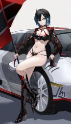 Rule 34 | 1girl, absurdres, azur lane, bikini, black bikini, black choker, black footwear, black hair, black jacket, boots, breasts, can, car, choker, cleavage, closed mouth, collarbone, criss-cross halter, cropped jacket, cross piercing, ear piercing, energy drink, flag, full body, hair between eyes, hair ornament, hairclip, halterneck, high heel boots, high heels, highres, holding, holding can, holding flag, horns, jacket, knee boots, lilin (pixiv 25958194), long sleeves, looking at viewer, medium breasts, motor vehicle, multicolored hair, multiple straps, nail polish, navel, navel piercing, official alternate costume, open clothes, open jacket, piercing, race queen, red horns, red nails, shadow, short hair, sidelocks, simple background, sitting on car, solo, standing, standing on one leg, stomach, swimsuit, ulrich von hutten (azur lane), ulrich von hutten (ignition matrician) (azur lane), white background, white hair, yellow eyes