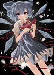 Rule 34 | 1girl, absurdres, ahoge, black background, blue bow, blue dress, blue eyes, blue hair, bow, cirno, closed mouth, commentary, detached wings, dress, english commentary, feet out of frame, food, fruit, hair bow, highres, holding, holding food, ice, ice wings, looking at viewer, ougiikun, shirt, short hair, short sleeves, simple background, solo, touhou, watermelon, watermelon slice, white shirt, wings