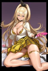 Rule 34 | 1girl, amesuku gyaru, anal beads, anal tail, animal ears, animal print, arm support, black choker, blonde hair, blush, bra, bra peek, breasts, butt plug, center opening, choker, cleavage, clothes around waist, commentary request, cuboon, dildo, double-parted bangs, fake animal ears, fake tail, goddess of victory: nikke, green eyes, gyaru, hair between eyes, hitachi magic wand, holding, holding sex toy, jacket, jacket around waist, kogal, large breasts, leopard print, long hair, long sleeves, looking at viewer, nail polish, nervous smile, on bed, open mouth, panties, ponytail, rabbit ears, rupee (nikke), sex toy, shirt, sitting, skirt, smile, solo, sweat, tail, thigh strap, underwear, vibrator, white shirt, yellow bra, yellow nails, yellow panties, yellow skirt, yokozuwari