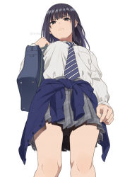 Rule 34 | &gt;:(, 1girl, arm at side, bag, black hair, blue bag, blue cardigan, blue necktie, blush, breast pocket, breasts, buttons, cardigan, closed mouth, clothes around waist, from below, gluteal fold, grey eyes, grey shirt, grey skirt, hand up, holding, holding bag, knees, long hair, long sleeves, looking at viewer, mattaku mousuke, medium breasts, necktie, original, panties, pantyshot, plaid, plaid skirt, pleated skirt, pocket, purple hair, school bag, school uniform, shirt, shirt tucked in, simple background, skirt, solo, striped necktie, striped neckwear, thighs, twitter username, underwear, watermark, white background