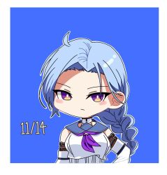 Rule 34 | 1girl, :/, ahoge, arm at side, arm belt, assault lily, belt, black belt, blue background, blue hair, blue sailor collar, blush, border, braid, braided ponytail, breasts, bright pupils, chibi, closed mouth, commentary, crop top, detached sleeves, hand on own hip, highres, igusa subaru, layered sleeves, long hair, long sleeves, looking at viewer, low ponytail, medium breasts, neckerchief, odaiba girls high school uniform, parted bangs, purple eyes, purple neckerchief, sailor collar, school uniform, serafuku, shirt, simple background, single braid, sleeveless, sleeveless shirt, solo, undershirt, upper body, v-shaped eyebrows, white border, white pupils, white shirt, yui (yui1115 )