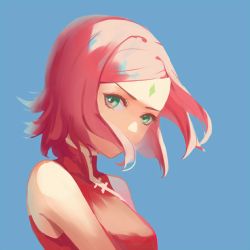 Rule 34 | 10s, 1girl, bare shoulders, blue background, boruto: naruto next generations, chinese clothes, chinese commentary, commentary request, eyebrows, facial mark, forehead mark, green eyes, haruno sakura, looking at viewer, naruto (series), nho (316784766), ninja, no lineart, pink hair, red shirt, shirt, short hair, simple background, sleeveless, sleeveless shirt, solo, toggles, upper body