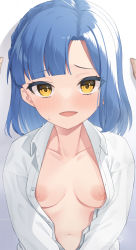 Rule 34 | 1girl, binsen, blue hair, blush, breasts, collarbone, collared shirt, highres, idolmaster, idolmaster million live!, long sleeves, looking at viewer, nanao yuriko, navel, nipples, open clothes, open mouth, open shirt, pov, pov hands, shirt, short hair, small breasts, upper body, white shirt, yellow eyes