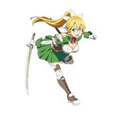 Rule 34 | 10s, 1girl, blonde hair, breasts, cleavage, full body, gloves, green eyes, green skirt, hair ornament, highres, holding, holding sword, holding weapon, large breasts, leafa, leafa (sao:im), long hair, official art, open mouth, pleated skirt, ponytail, simple background, skirt, solo, sword, sword art online, sword art online: code register, weapon, white background, white gloves