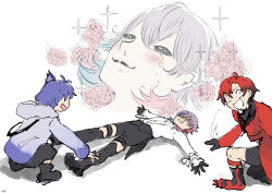 Rule 34 | 3boys, absurdres, ahoge, bishie sparkle, bishounen, black gloves, black hair, black shorts, blue hair, blush, boots, choker, commentary, cropped jacket, crying, drooling, earpiece, empty eyes, english commentary, flower, frilled sleeves, frills, gavis bettel, gavis bettel (1st costume), gloves, gradient hoodie, grey hair, hair between eyes, highres, holostars, holostars english, jacket, kneehighs, laughing, looking at viewer, lying, machina x flayon, machina x flayon (1st costume), male focus, medium hair, minase rio, minase rio (1st costume), mouth drool, multicolored hair, multiple boys, on back, open mouth, parody, pink hair, pointing, purple hair, red hair, rose, shaded face, shadow, shirt, short hair, shorts, sketch, smile, socks, sparkle, squatting, thigh boots, virtual youtuber, white hair, yellowhima