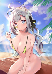 Rule 34 | 1girl, :3, absurdres, ahoge, anchundddd, aqua eyes, bangs, bare shoulders, beach, bikini, bikini top, black ribbon, blue eyes, blue sky, blush, bottomless, braid, breasts, cleavage, closed mouth, cloud, cloudy, cloudy sky, collarbone, day, eyebrows visible through hair, grey hair, groin, hair between eyes, hair ribbon, halter top, halterneck, hand on lap, highres, large breasts, long hair, low twintails, micro bikini, mole on leg, original, outdoors, palm tree, pulled by self, ribbon, sidelocks, sitting, skindentation, sky, smile, solo, strap pull, swimsuit, tree, twintails
