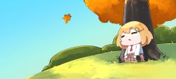 Rule 34 | 1girl, = =, absurdres, blonde hair, blue sky, chibi, commentary, day, drooling, english commentary, full body, hair ornament, highres, hololive, hololive english, leaf, long sleeves, mouth drool, necktie, red necktie, sitting, sky, sleeping, smol ame, solo, tree, virtual youtuber, walfie (style), watson amelia, zaniaii