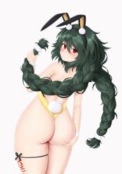 Rule 34 | 1girl, @ @, absurdres, animal ears, ass, ass grab, azur lane, backless leotard, bare shoulders, black ribbon, blush, braid, cowboy shot, embarrassed, from behind, grabbing own ass, grabbing own thigh, green hair, hair between eyes, hair up, hand up, highres, holding own hair, leaning back, leg ribbon, leotard, long hair, looking at viewer, looking back, messy hair, nervous smile, nights viper, rabbit ears, rabbit tail, red eyes, ribbon, smile, solo, tail, thigh ribbon, thighs, torricelli (azur lane), twin braids, twintails, very long hair, white wristband, yellow leotard