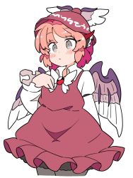 Rule 34 | 1girl, animal ears, bird ears, bird wings, black pantyhose, blush, brown dress, brown hat, closed mouth, cowboy shot, cropped legs, dress, earrings, frilled dress, frilled sleeves, frills, grey eyes, hat, highres, ini (inunabe00), jewelry, long sleeves, mystia lorelei, pantyhose, pink hair, short hair, simple background, single earring, solo, touhou, white background, white wings, wide sleeves, winged hat, wings