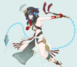 Rule 34 | 1girl, anklet, bare shoulders, black hair, black skirt, blood, blood on hands, blue hair, bracer, breasts, cal (onecmcubed), colored inner hair, detached collar, facepaint, fate/grand order, fate (series), feathers, grey eyes, halterneck, headdress, high collar, high heels, jewelry, looking at viewer, multicolored hair, navel, pelvic curtain, sash, short hair, sidelocks, skirt, small breasts, solo, tassel, tenochtitlan (fate), tenochtitlan (first ascension) (fate), thigh strap, whip