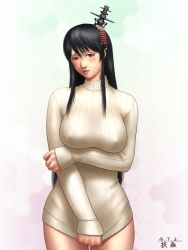 Rule 34 | 10s, 1girl, alternate costume, black hair, blush, breast hold, breasts, clothes tug, curvy, covered erect nipples, fusou (kancolle), headgear, highres, kantai collection, large breasts, lips, long hair, naked sweater, red eyes, ribbed sweater, sidelocks, solo, sweater, sweater tug, taikyokuturugi
