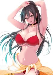 Rule 34 | 1girl, alternate costume, armpits, arms up, bikini, black hair, bracelet, breasts, choker, cleavage, commentary request, earrings, front-tie top, hair between eyes, high ponytail, highres, hoop earrings, idolmaster, idolmaster shiny colors, jewelry, large breasts, long hair, moo yoshio, nail polish, navel, necklace, red bikini, red nails, sarong, shirase sakuya, side-tie bikini bottom, solo, stomach, swimsuit, thighs, underboob, yellow eyes, yellow sarong