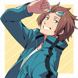 Rule 34 | 1boy, adjusting eyewear, arm up, asada hachi, banned artist, border, brown hair, commentary, diagonal stripes, eyewear on head, glasses, green eyes, green jacket, grin, hand on eyewear, happy, high collar, highres, jacket, jin yuuichi, long sleeves, looking at viewer, male focus, open clothes, open jacket, outside border, shirt, short hair, smile, solo, striped, striped background, twitter username, upper body, watermark, white border, white shirt, world trigger, yellow background