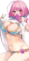 Rule 34 | 2girls, bikini, blouse, blue bikini, blush, bracelet, breasts, cellphone, clothes lift, hands up, highres, idolmaster, idolmaster cinderella girls, jewelry, kneeling, large breasts, looking at viewer, multiple girls, navel, oidoden2535, phone, pink eyes, pink hair, ring, shirt, shirt lift, short hair, short sleeves, simple background, smartphone, solo, swimsuit, thighs, v, white background, white shirt, yumemi riamu