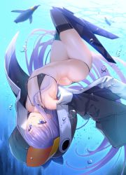 Rule 34 | 1girl, absurdres, air bubble, animal hood, armor, ass, bare shoulders, bikini, bird, black bikini, black jacket, blue bow, blue eyes, blush, bow, breasts, bubble, butt crack, choker, closed mouth, collarbone, fate/grand order, fate (series), greaves, hair bow, highres, hood, hood up, jacket, legs, licking lips, long hair, long sleeves, looking at viewer, meltryllis, meltryllis (fate), meltryllis (swimsuit lancer) (fate), meltryllis (swimsuit lancer) (first ascension) (fate), open clothes, open jacket, penguin, penguin hood, prosthesis, prosthetic leg, purple hair, saruchitan, sleeves past fingers, sleeves past wrists, small breasts, solo, swimming, swimsuit, thighs, tongue, tongue out, underwater, upside-down, very long hair
