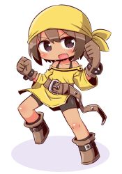 Rule 34 | 1girl, :d, bandana, bare shoulders, belt, belt buckle, bike shorts, black socks, blush, boots, brown belt, brown eyes, brown footwear, brown gloves, brown hair, brown shorts, buckle, chibi, clenched hands, collarbone, commentary request, dark-skinned female, dark skin, dress, fang, full body, gloves, hair between eyes, hands up, long sleeves, naga u, open mouth, razzy, shadow, short shorts, shorts, shorts under dress, smile, socks, solo, standing, standing on one leg, summon night, summon night: swordcraft story, v-shaped eyebrows, white background, yellow bandana, yellow dress