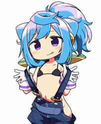Rule 34 | 10s, 1boy, :q, bikini, black bikini, blue hair, blush, gloves, hacka doll, hacka doll 3, high ponytail, kanikama, long hair, male focus, off shoulder, overalls, purple eyes, simple background, skirt, solo, suspender skirt, suspenders, swimsuit, tongue, tongue out, trap, white background, white gloves