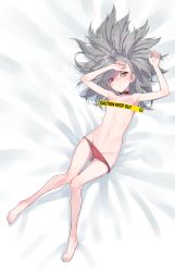 Rule 34 | 1girl, armpits, arms up, bar censor, bare legs, barefoot, bed sheet, blush, caution tape, censored, choker, closers, collarbone, dutch angle, flat chest, full body, groin, hair between eyes, hand on own forehead, highres, keep out, knees together feet apart, long hair, long legs, looking at viewer, lying, navel, on back, palms, panties, panty pull, parted lips, ponytail, red eyes, red panties, silver hair, solo, stomach, supernew, swept bangs, thigh gap, tina (closers), topless, underwear, underwear only, white background