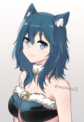 Rule 34 | 1girl, alternate costume, animal ear fluff, animal ears, bandeau, bare shoulders, bell, blue eyes, blue hair, breasts, byleth (female) (fire emblem), byleth (fire emblem), cat ears, commentary request, fang, fang out, fire emblem, fire emblem: three houses, fur collar, fur trim, gradient background, hair between eyes, jingle bell, kemonomimi mode, komurice, large breasts, long hair, looking at viewer, nintendo, skin fang, solo, strapless, tube top, upper body