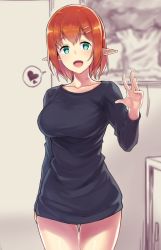 Rule 34 | 1girl, :d, black shirt, blue eyes, bottomless, breasts, collarbone, elf, hair ornament, hairclip, heart, large breasts, long sleeves, looking at viewer, open mouth, orange hair, original, pointy ears, saemon (tonpura), shirt, smile, solo, spoken heart, thigh gap