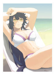 Rule 34 | 1girl, animal ears, armpits, arms up, artist name, bandaid, bandaid on face, bandaid on nose, bare shoulders, beach, beach chair, bikini, black hair, blue eyes, border, breasts, cleavage, commentary request, hair between eyes, highres, horse ears, horse girl, horse tail, large breasts, long hair, looking at viewer, mukakin, narita brian (umamusume), navel, ocean, on chair, outdoors, sand, solo, swimsuit, tail, umamusume, very long hair, water, white bikini, white border, yellow eyes