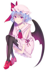 Rule 34 | 1girl, asa (coco), ascot, bat wings, black pantyhose, blue hair, blush, bow, brooch, collarbone, commentary request, dress, frilled shirt collar, frills, hair between eyes, hat, hat bow, highres, jewelry, looking at viewer, mob cap, pantyhose, pink dress, pink hat, pointy ears, puffy short sleeves, puffy sleeves, red ascot, red bow, red eyes, red footwear, remilia scarlet, shoes, short dress, short hair, short sleeves, simple background, solo, touhou, white background, wings