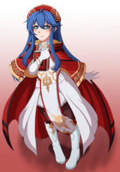 Rule 34 | 1girl, alternate costume, blue eyes, blue hair, book, brown legwear, cape, dress, female focus, fire emblem, fire emblem: the binding blade, fire emblem heroes, full body, gloves, highres, holding, holding book, lilina (fire emblem), long hair, looking at viewer, magical girl, matching hair/eyes, nintendo, princess, smile, solo, standing, white dress, white footwear, white gloves