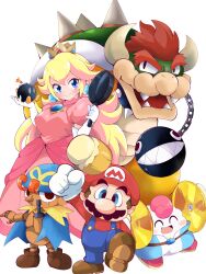 Rule 34 | 1girl, 4boys, absurdres, blonde hair, blue cape, blue eyes, blue headwear, bob-omb, bowser, brooch, brown hair, cape, chain chomp, collar, crown, cymbals, dress, earrings, elbow gloves, facial hair, fangs, frying pan, geno (mario), gloves, hat, highres, holding, holding mallet, horns, instrument, jewelry, looking at viewer, mallet, mallow (mario), mario, mario (series), multiple boys, mustache, nintendo, overalls, pink dress, princess peach, puffy short sleeves, puffy sleeves, red headwear, shinsou komachi, short sleeves, simple background, smile, spiked collar, spikes, super mario rpg, white background, white gloves