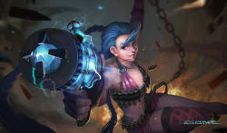 Rule 34 | 1girl, artist name, bandolier, bikini, bikini top only, blue hair, braid, breasts, bullet, chain, electricity, gone (zlhshiwo), gun, handgun, jewelry, jinx (league of legends), league of legends, lips, long hair, midriff, necklace, nose, pink eyes, shorts, single thighhigh, small breasts, solo, swimsuit, swinging, tattoo, thighhighs, twin braids, very long hair, weapon