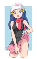 Rule 34 | 1girl, beanie, betuni, blue eyes, blue hair, breasts, commentary, creatures (company), dawn (pokemon), game freak, hair ornament, hairclip, hat, long hair, looking at viewer, nintendo, no panties, open mouth, pokemon, pokemon dppt, scarf, skirt, sleeveless, solo, white hat