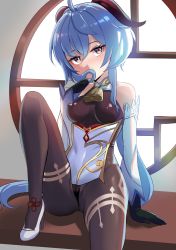 Rule 34 | 1girl, bare shoulders, bell, black pantyhose, blue hair, blush, bodysuit, breasts, brown eyes, cameltoe, covered erect nipples, cowbell, detached sleeves, evasong, ganyu (genshin impact), genshin impact, gloves, hair over mouth, half-closed eyes, highres, holding, holding own hair, horns, knee up, long hair, looking at viewer, low ponytail, medium breasts, neck bell, pantyhose, ponytail, shiny clothes, shiny skin, sitting, skin tight, solo, table, very long hair