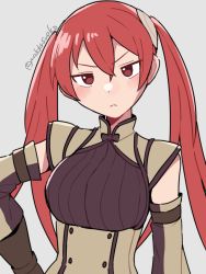 Rule 34 | 1girl, annoyed, black shirt, breasts, detached sleeves, do m kaeru, fire emblem, fire emblem fates, hand on own hip, long hair, looking at viewer, medium breasts, nintendo, red eyes, red hair, selena (fire emblem fates), severa (fire emblem), shirt, standing, twintails, upper body, vest, watermark, white background
