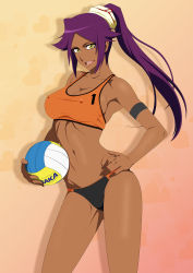 Rule 34 | 1girl, arm strap, ball, bare legs, bleach, brand name imitation, breasts, cleavage, covered erect nipples, cowboy shot, curvy, dark-skinned female, dark skin, female focus, groin, hand on own hip, highres, holding, holding ball, large breasts, legs, legs apart, lime (purple haze), long hair, looking at viewer, midriff, mikasa sports, navel, open mouth, ponytail, purple hair, shihouin yoruichi, simple background, sleeveless, smile, solo, sports bra, standing, thighs, volleyball (object), yellow eyes