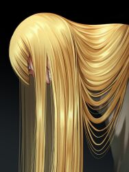 Rule 34 | 1boy, black background, bleach, blonde hair, blunt bangs, brown eyes, commentary request, from side, grin, hair over shoulder, highres, hirako shinji, leaning forward, long hair, ooosn20, profile, simple background, smile, solo, straight hair, very long hair, yellow eyes