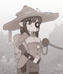 Rule 34 | 1girl, :&lt;, backpack, bag, bandeau, bell, belt, breasts, brown theme, candle, closed mouth, gloves, hat, highres, holding, holding leash, kionant, leash, long hair, monochrome, one eye covered, original, pants, pointy ears, signature, small breasts, solo