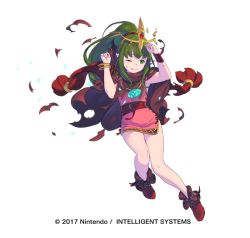 Rule 34 | 1girl, ankle boots, boots, bracelet, brown cape, cape, closed mouth, dress, enkyo yuuichirou, fire emblem, fire emblem: mystery of the emblem, fire emblem heroes, full body, green eyes, green hair, hands up, headpiece, jewelry, long hair, nintendo, official art, one eye closed, pink dress, pointy ears, ponytail, sash, short dress, simple background, solo, sweatdrop, thighs, tiki (fire emblem), tiki (young) (fire emblem), torn clothes, watermark, white background, wristband