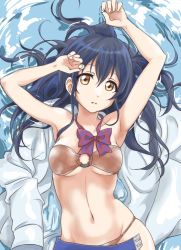 Rule 34 | 10s, 1girl, armpits, arms up, bikini, blue hair, blush, bow, bowtie, breasts, floating, hair between eyes, long hair, looking at viewer, love live!, love live! school idol project, lying, navel, o-ring, o-ring bikini, on back, open clothes, open skirt, red bow, red bowtie, school uniform, shirt, skindentation, skirt, solo, sonoda umi, striped bow, striped bowtie, striped clothes, striped neckwear, swimsuit, tetopetesone, unworn shirt, white shirt, yellow eyes