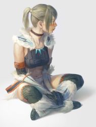 Rule 34 | 1girl, black choker, black thighhighs, choker, closed mouth, fur collar, grey background, grey eyes, grey hair, highres, indian style, jewelry, kirin (armor), looking to the side, monster hunter, monster hunter: world, monster hunter (series), navel, necklace, ponytail, profile, simple background, sitting, solo, thighhighs, tunapon01