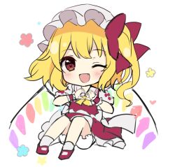 Rule 34 | 1girl, blonde hair, blush, collared shirt, crystal, fang, flandre scarlet, frilled skirt, frills, full body, hat, long hair, mob cap, one eye closed, open mouth, puffy short sleeves, puffy sleeves, red eyes, red footwear, red skirt, red vest, ruhika, shirt, shoes, short sleeves, simple background, skirt, smile, socks, touhou, vest, white background, white headwear, white shirt, white socks, wings